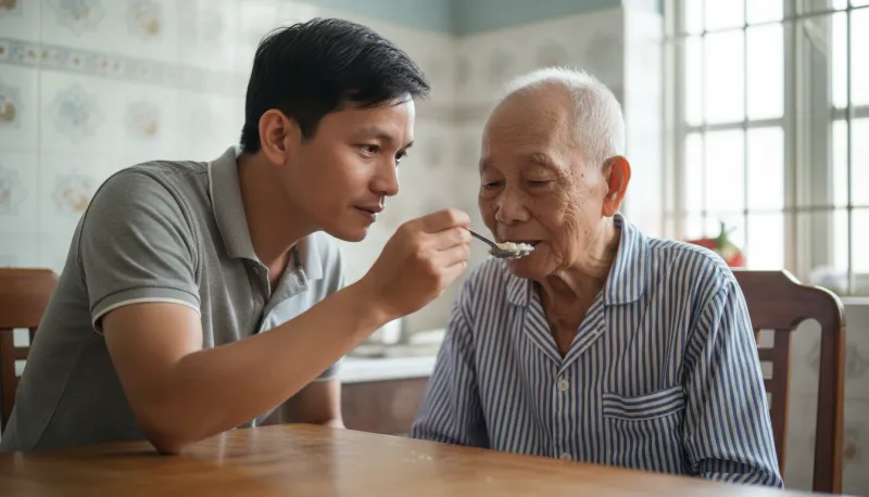 Người con trai trưởng thành đút cháo cho cha già yếu, minh hoạ hiếu dưỡng cha mẹ là nơi tu tâm tốt nhất
