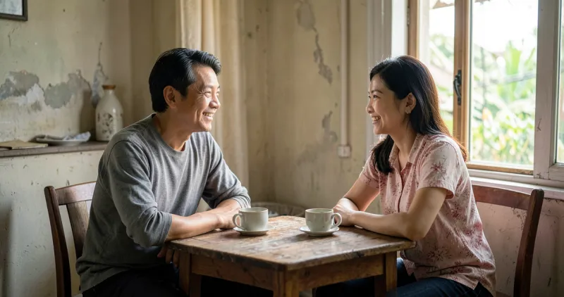Vợ chồng người Việt ngồi trò chuyện bên bàn trà, minh hoạ niệm Phật thầm trong tâm giữa đời sống bận rộn