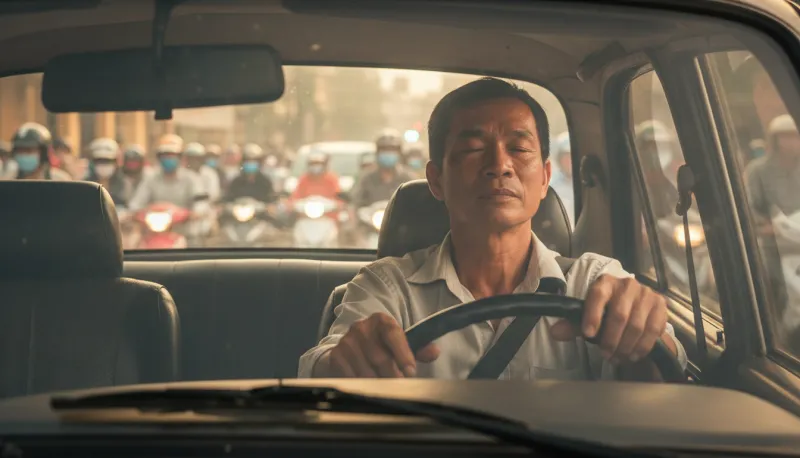 Người đàn ông niệm Phật, nhắm mắt bình thản giữa cảnh kẹt xe để minh hoạ phục phiền não