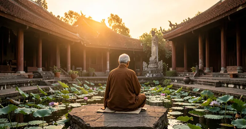 Người tu hành ngồi thiền trước ao sen trong sân chùa lúc hoàng hôn, biểu tượng cho sự an nhiên tự tại vãng sanh